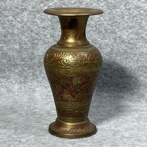 Vintage Vase 4” Brass Hand Carved Intricate‎ Inlaid Decorative